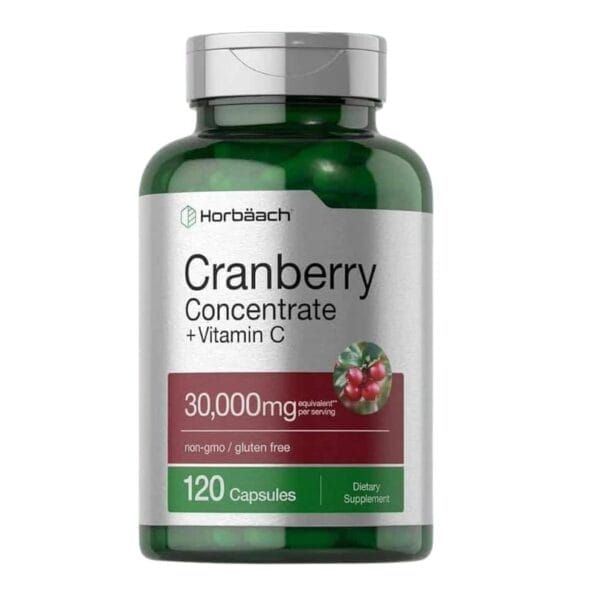 عبوة Cranberry plus Vitamin C Horbaach 30000 mg 120 Capsules – مكمل غذائي لدعم صحة المسالك البولية والمناعة.